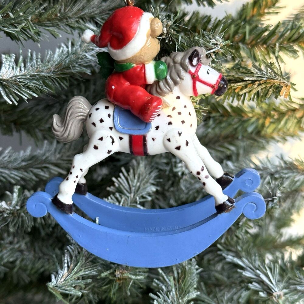 Vintage Plastic Rocking Horse with Teddy Bear Ornament Spotted Horse Christmas - Picture 2 of 5